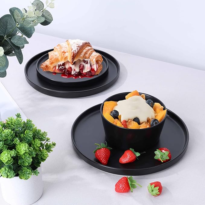 Herogo 18 Pieces Stoneware Dinnerware Sets for 6, Dinner Plates and Bowls Set, Reactive Glaze Dishes for Kitchen, Chip Resistant, Microwave & Dishwasher Safe, Matte Black
