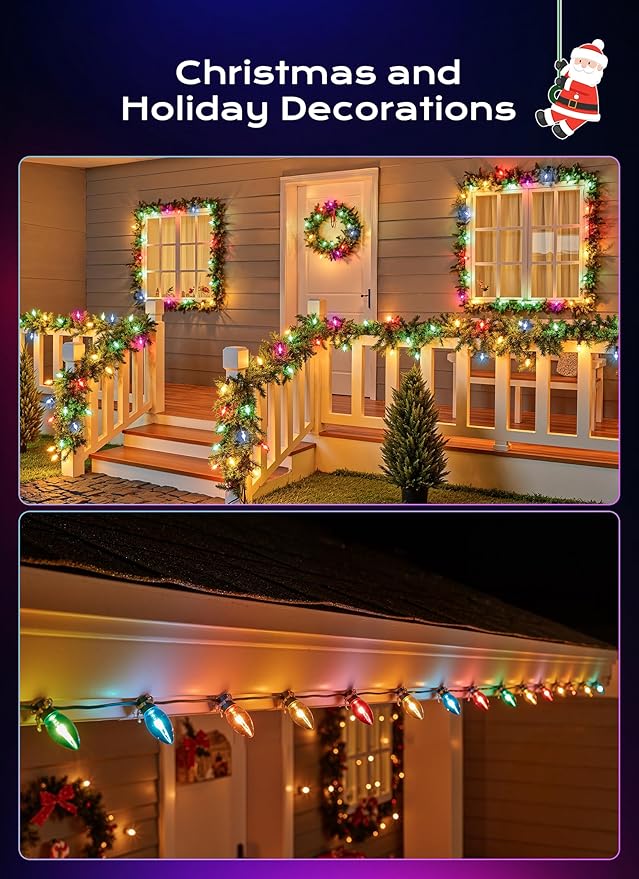C9 LED Christmas Lights Outdoor, 50 FT 50 Colored Bulbs Vintage C9 Connectable String Lights for Christmas Tree Roofline Patio Garden Backyard Holiday Party Indoor Outdoor Decoration, Green Wire