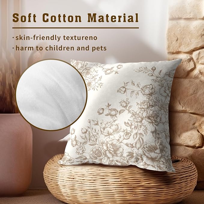 Brown Flowers Throw Pillow Covers 18x18 Set of 2,Vintage Chinoiserie Floral Tan Cream Pillowcases Cotton Square Cushion Cover Decoration for Couch Sofa Living Room Bedroom Home