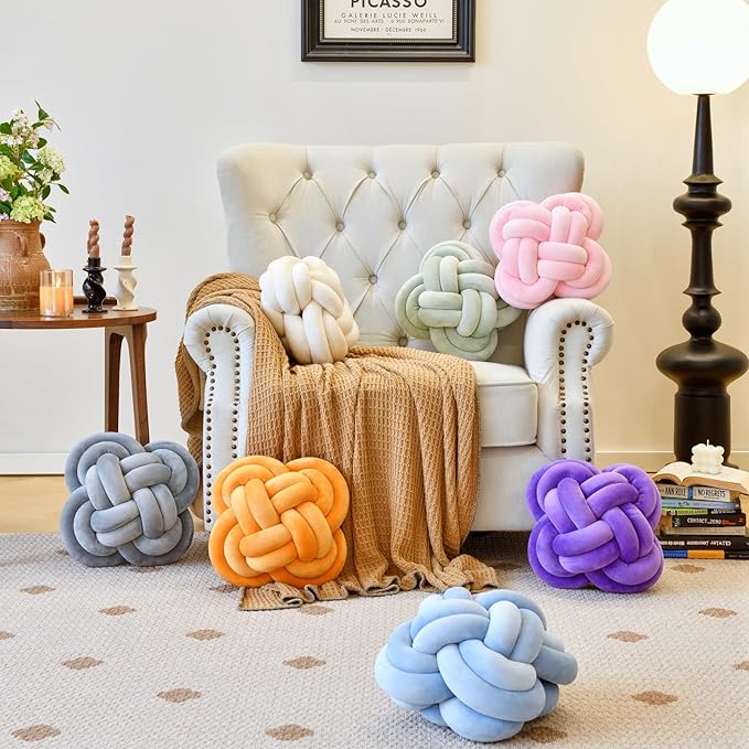 Xuyier Knot Pillow Ball, Decorative Throw Pillows with Velvet Fabric for Couch Bed, 12" Decor Knotted Square Floor Pillow Cushions for Living Room (12 Inches, Dark Purple)