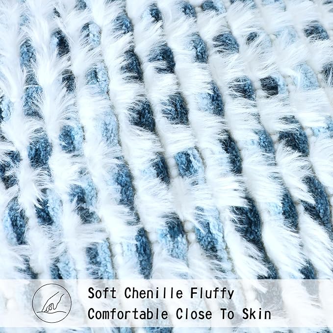 Boho Chenille Tufted Pillow Cover 24x24 Inch Set of 1, Farmhouse Striped Decorative Pillow Covers Accent Fluffy Neutral Square Pillowcases for Couch Sofa Bedroom Living Room, Blue White