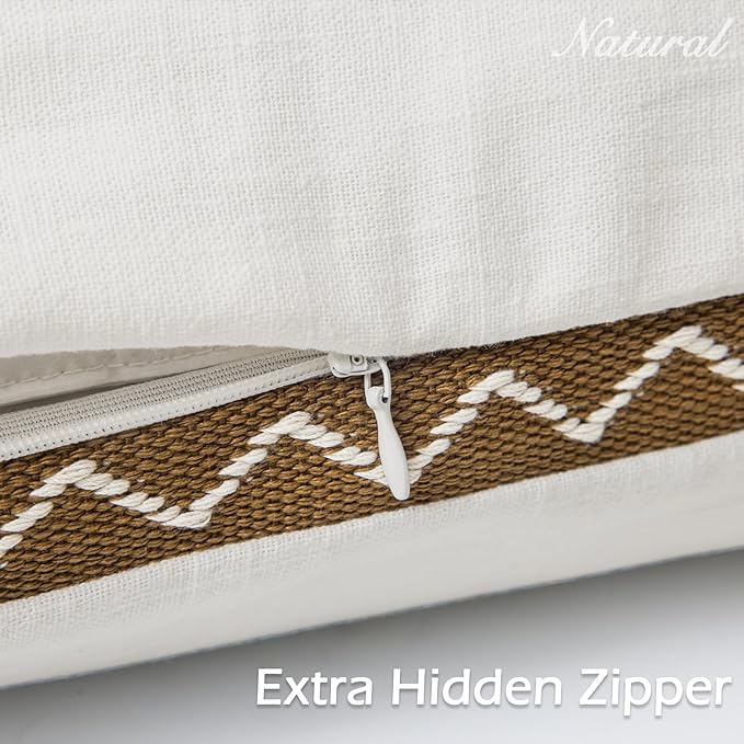 Decorative Neutral Linen Throw Pillow Covers 18x18 Inch Set of 2, Cream White Boho Farmhouse Pillow Covers with Braid Fringe for Sofa Bed Modern Couch Pillow Cases for Organic Home Decor