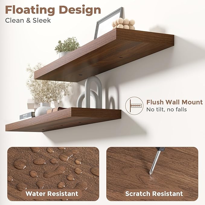 Floating Shelves for Wall with Invisible Brackets, Wall Mounted Engineered Wood Shelves with Wood Grain for Living Room, Bedroom, Bathroom, Kitchen Decor and Storage, Oak, 36"L Set of 2, Walnut