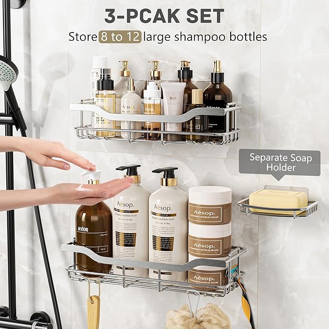 OMAIRA 3-Pack Shower Caddy with Soap Holder, Adhesive Rustproof No-drill Strudy Loading Inside Shower Organizer Shelves Rack Storage Bathroom Organization for Smooth Wall Glass Tile, Silver (X-Large)