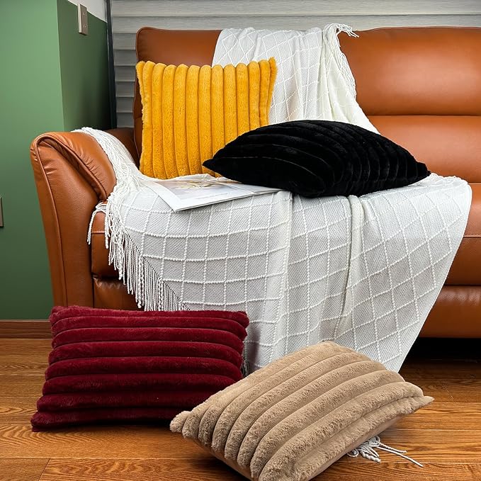16x16 Throw Pillow Covers Set of 2, Decorative Faux Fur Covers for Bed, Couch Soft Fluffy Pillow Cover with Velvet Back for Living Room, Neutral Home Décor Accent for Sofa - Yolk Yellow