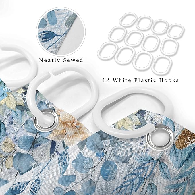 Blue Christmas Snowman Shower Curtain, Cute Winter Snowflake Snowman Poinsettia Floral Eucalyptus Leaves Decoration Xmas Shower Curtain for Bathroom, Fabric Holiday Bath Curtain Set with Hooks 72X72