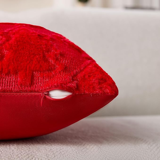 Christmas Pillow Covers 18x18 Set of 2 Red Double Christmas Tree Decorations Pillow Covers Soft Plush Faux Fur Decor for Xmas Winter Holiday Home Bedroom Sofa Cushion Cases PT-016B18