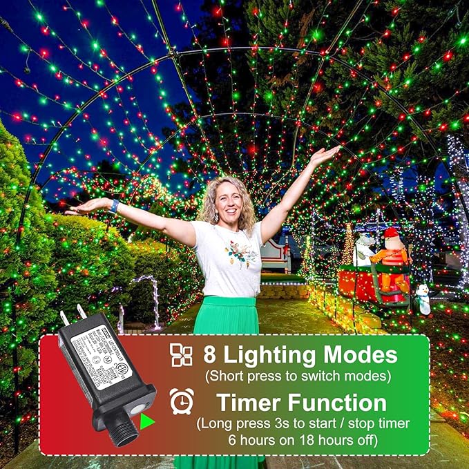 100FT 300 LED Christmas Lights Outdoor, Plug in Christmas Tree Lights with 8 Modes Waterproof, Green Wire String Twinkle Lights for Indoor House Yard Garden Xmas Party Holiday Decorations, Red Green
