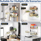 YASONIC Corner Shower Caddy Organizer, 3-Pack Self-Adhesive Rustproof Bath Shelves with Soap Holder & 4 Hooks, Large Capacity Shower Storage Rack for Bathroom Organization, Gold