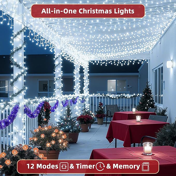 300 LED Outdoor Christmas Lights 75ft, 12 Lighting Modes Indoor String Lights Dimmable & Timer Memory, Outsite Waterproof Tree Lights for Xmas Garden Wedding Party Holiday Decorations Cool White