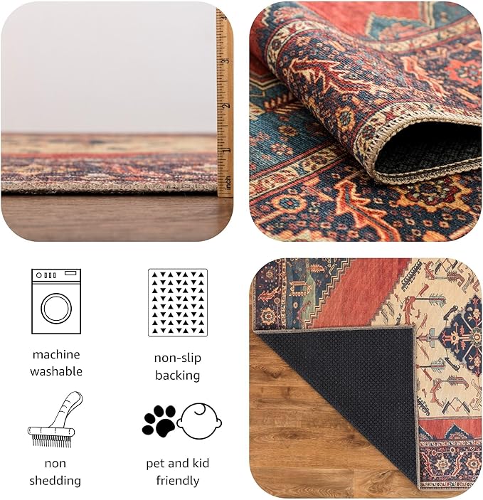 Keen Home Design 5x7 Rug - Machine Washable Area Rug with Non-Slip Backing, Ideal for Living Room, Dining Room, Bedroom - Vintage, Easy Clean, Durable, Low Pile Rug - (5' x 7')