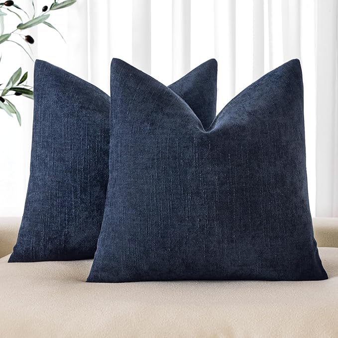 MIULEE Pack of 2 Decorative Throw Pillow Covers Soft Chenille Throw Pillows Solid Textured Cushion Covers for Couch Sofa Bedroom Living Room 18x18 Inch, Dark Blue