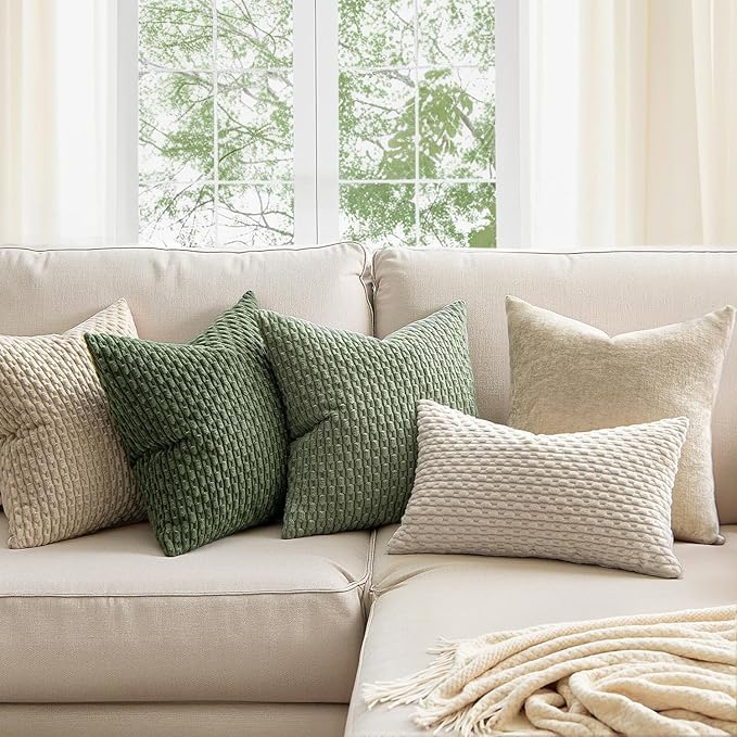 MIULEE Pack of 2 Decorative Throw Pillow Covers 24x24 Inch Soft Boho Striped Textured Corduroy Pillow Covers Modern Farmhouse Home Decor for Couch Bed Sofa Living Room Sage Green