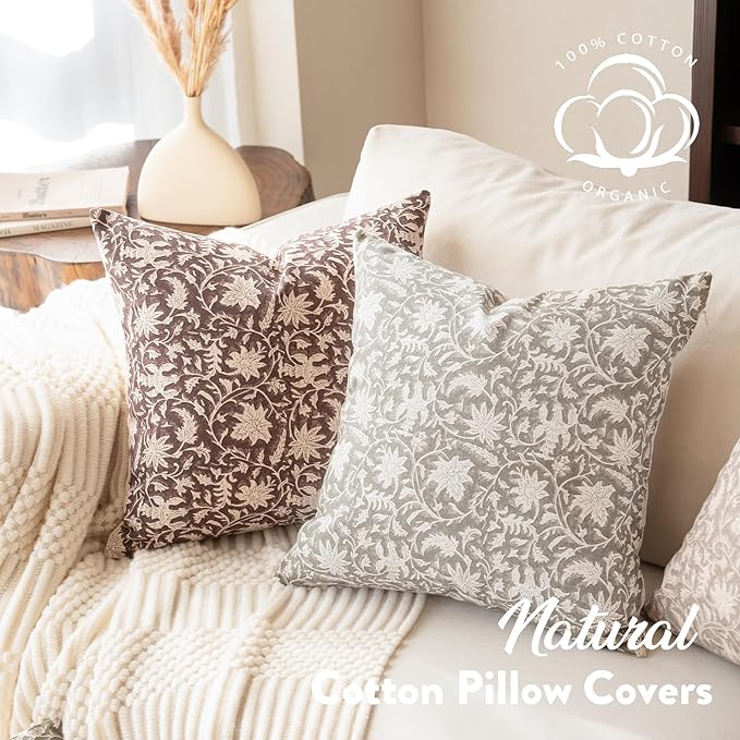 Floral Throw Pillow Covers 20x20 Farmhouse Block Print Pillow Covers Decorative Pillow Covers Couch Pillows for Living Room Vintage Accent Sofa Pillows Set of 2, Taupe Grey