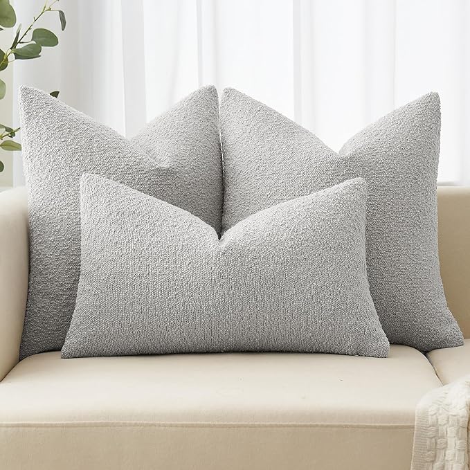 MIULEE 20x20 Inch Decorative Pillow Covers for Couch Bed Set of 2 Textured Boucle Neutral Winter Throw Pillows Light Grey Accent Solid Cushion Pillowcases Sofa Livingroom Home Decor