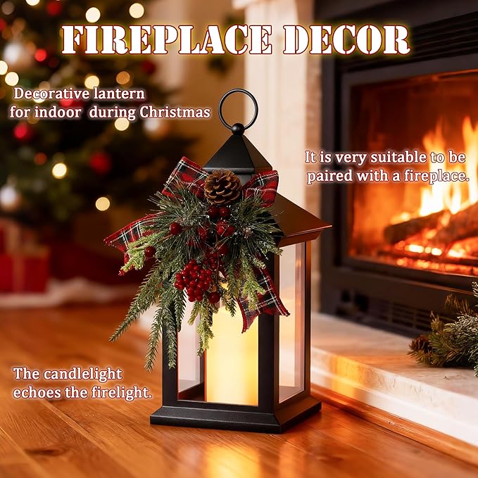 Christmas Lanterns Decorative Indoor, 14" Battery-Powered Waterproof Black LED Candle Lanterns with Timer for Patio & Outdoor, Vintage Hanging Lantern for Xmas Home Decorations, Transparent