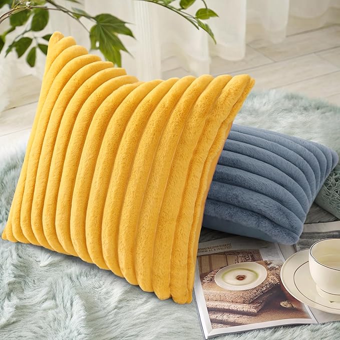 decorUhome Faux Fur Throw Pillow Covers 18x18 Set of 2, Decorative Soft Plush Striped Neutral Couch Euro Pillow Covers with Velvet Back for Sofa, Bed, Living Room Home Decor, Mustard Yellow