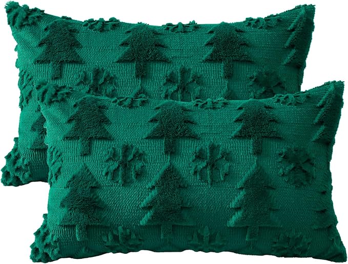 OTOSTAR Set of 2 Xmas Soft Plush Short Wool Velvet Decorative Throw Pillow Covers Rectangular Luxury Style Cushion Case Pillow Shell for Sofa Bedroom Tree and Snowflake Green, 12x20 Inch