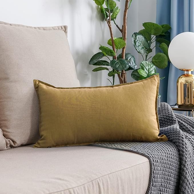 Jeanerlor Natural Cotton Linen Green Decorative 12"x20" Throw Pillow Case Cushion Cover with Twin Needles Stitch on Edge for Lumbar, (30 x 50cm), 2 Pcs, Earth Yellow