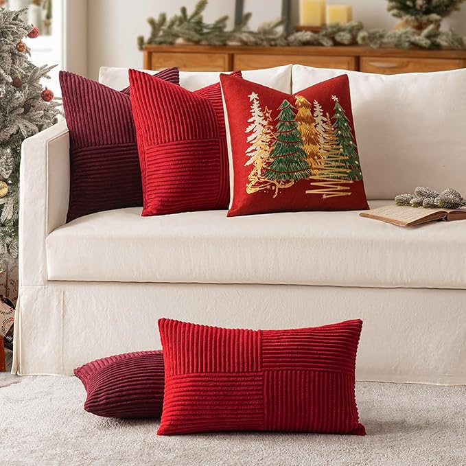 MIULEE Christmas Burgundy Corduroy Pillow Covers Pack of 2 Boho Decorative Spliced Throw Pillow Covers Soft Solid Couch Pillowcases Cross Patchwork Cushion Covers for Living Room Bed Sofa 18x18 inch