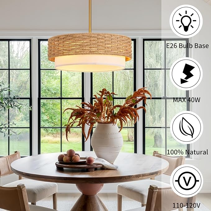 Large Coastal Boho Pendant Lights, 18.9in Woven Rattan Lighting Fixture, 2-Tier Rope Chandelier with Fabric Shade for Kitchen Island, Living Room, Dining Room, Bedroom, Restaurant
