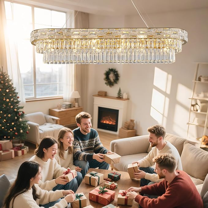 Crystal Chandeliers, 49.2" 18-Light Rectangular Chandelier for Dining Room, Gold Chandelier for Kitchen, Modern Large Chandeliers, Dining Room Light Fixture Island Lights Dimmable