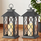 Christmas Lanterns Decorative Indoor, 2 Packs 14" Battery-Powered Waterproof Black LED Candle Lanterns with Timer for Patio & Outdoor, Vintage Hanging Lantern for Xmas Home Decorations, Diamond
