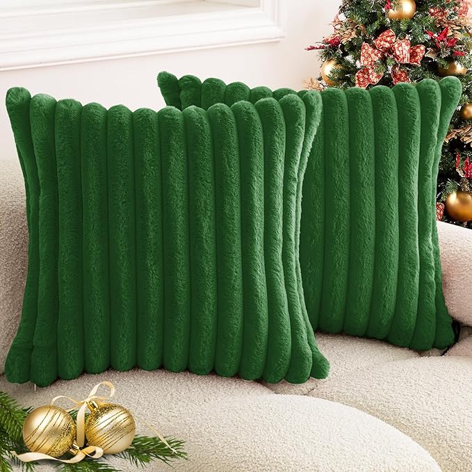 Christmas Dark Green Faux Fur Plush Throw Pillow Covers 16x16 Set of 2 Fuzzy Striped Soft Cozy Pillowcase Luxury Decorative Pillows Square Fluffy Cushion Covers for Couch Sofa Bed
