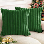 Christmas Dark Green Faux Fur Plush Throw Pillow Covers 16x16 Set of 2 Fuzzy Striped Soft Cozy Pillowcase Luxury Decorative Pillows Square Fluffy Cushion Covers for Couch Sofa Bed