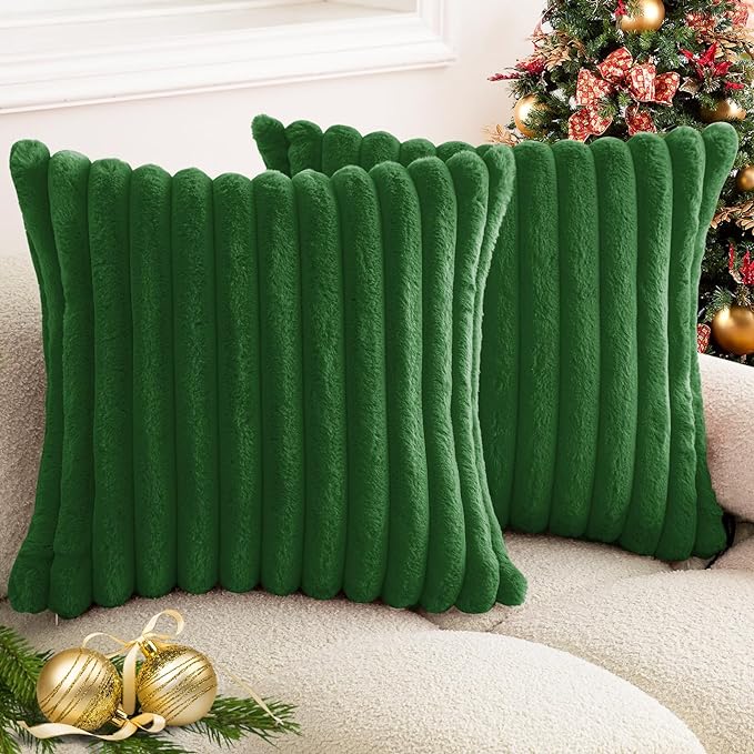 Christmas Dark Green Faux Fur Plush Throw Pillow Covers 22x22 Set of 2 Fuzzy Striped Soft Cozy Pillowcase Luxury Decorative Pillows Square Fluffy Cushion Covers for Couch Sofa Bed