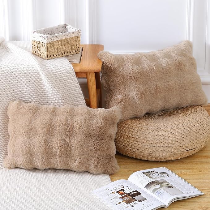 MADIZZ Pack of 2 Thick Plush Wool Throw Pillow Covers 12x20 Inch Camel Soft Neutral Decorative Throw Pillows Accent Boho Cushion Covers for Couch Sofa Bedroom Pillow Shell