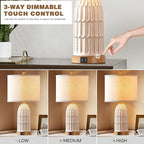 Boho Table Lamps Set of 2, Farmhouse 3-Way Dimmable Touch Nightstand Lamp with 2 USB Charging Ports, White Vintage Bedside Lamp for Bedroom Living Room End Table (Bulbs Included)