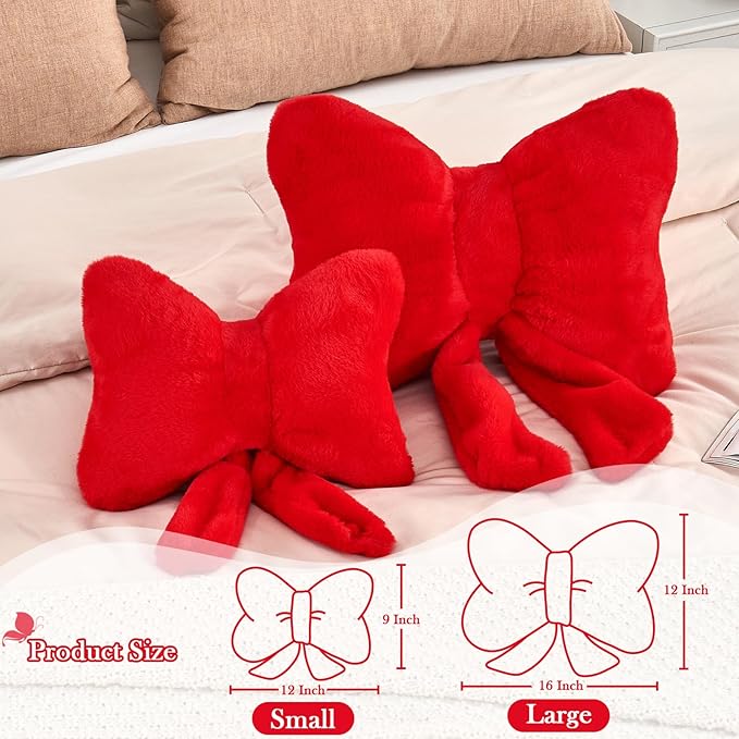 Red Bow Pillow, Soft Bow Decorative Pillows with Faux Rabbit Fur, Cute 12" Bow Throw Pillows, Aesthetic Home Decor Bow Shaped Plush Pillow for Bedroom Sofa Couch