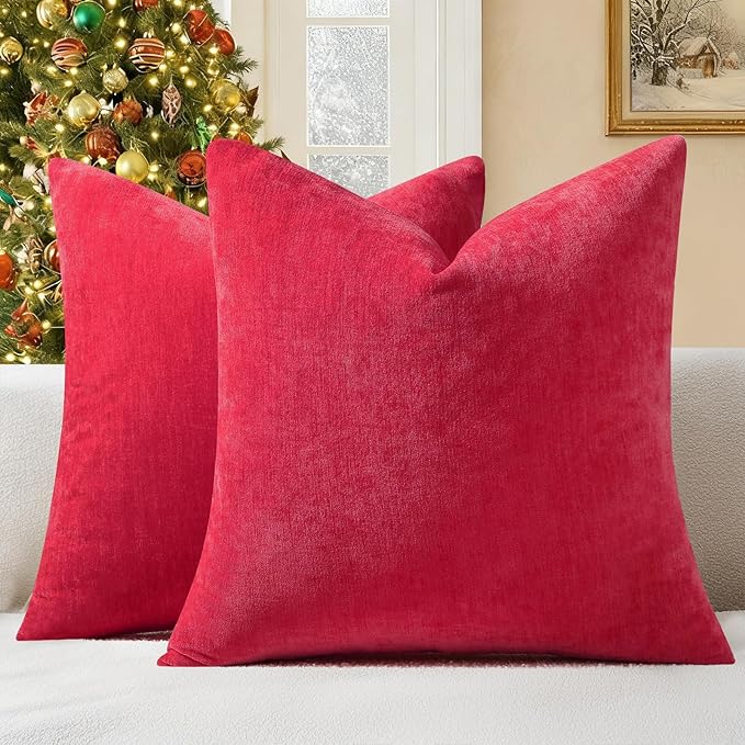 decorUhome Chenille Christmas Red Throw Pillow Covers 18x18 Inch Set of 2, Decorative Soft Couch Pillow Covers Solid Dyed Accent Farmhouse Neutral Square Pillow Cases for Sofa Bed Living Room