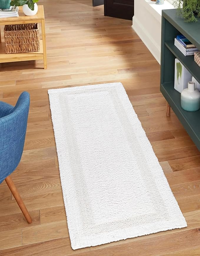 Bathroom Rugs Bath RunnerRugs 24x60 Inches White Cotton Tufted Large Reversible Washable Bath Mats for Bathroom Floor| Quick Dry Bathroom Mat for Tub Spa Shower Toilet| Entry Way Door Mats
