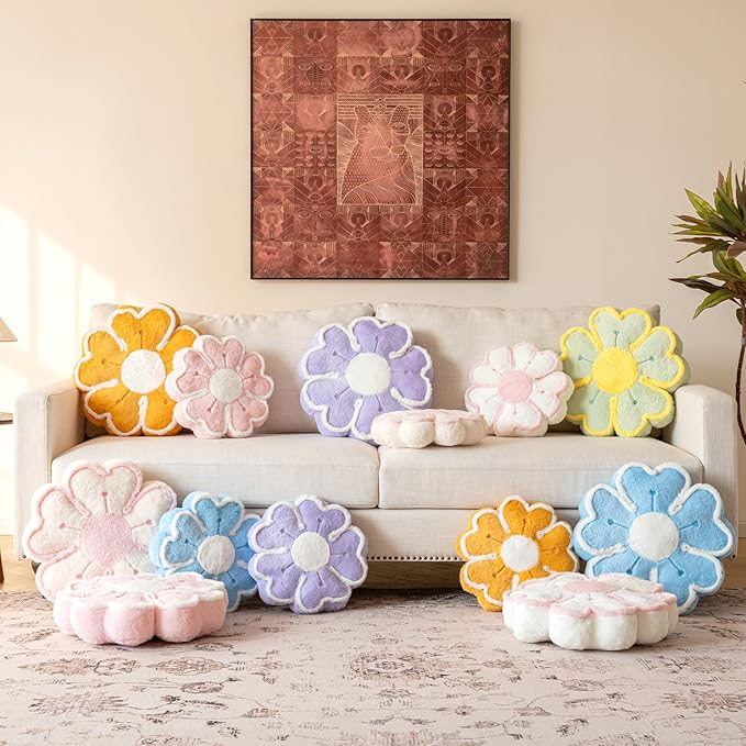 Flower Shaped Decorative Throw Pillow Cushion for Bed Couch, Cute Flower Plush Throw Pillows Home Decor Floor Pillow Seating Cushions (Ivory White, 13.7 Inches)