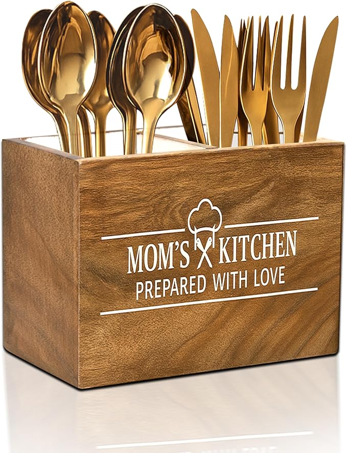 Wooden Utensil Holder For Countertop - Durable Cooking Utensils Holder - large Rustic Countertop Kitchen Décor - Spatula Utensils And Spoons Organizer With Divider