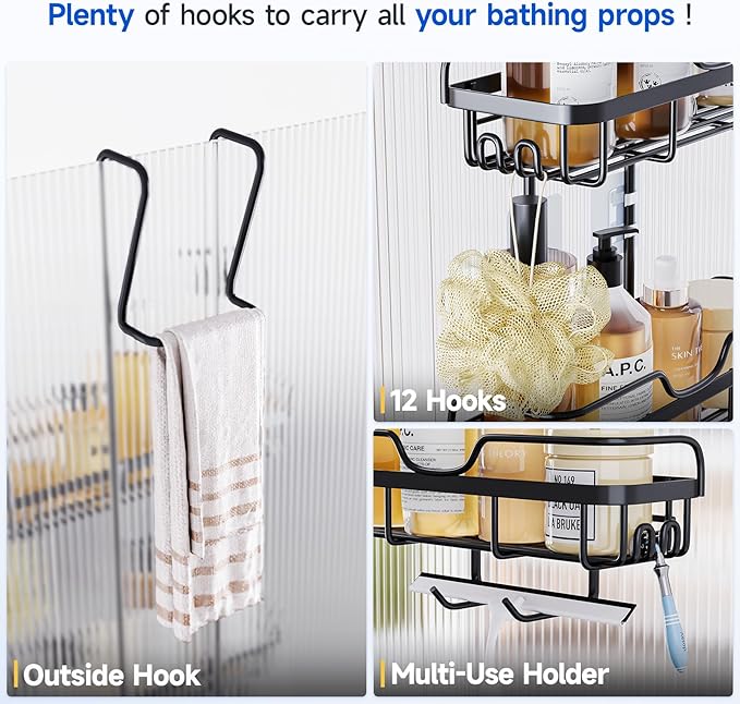 Shower Caddy Over the Door Organizer: Bath Rack Hanging Over Glass with Hooks - Storage Shelf Inside Bathroom for Shampoo - Matte Black