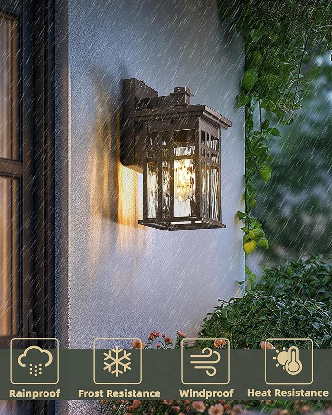 Outdoor Wall Sconce 2-Pack, HWH Dusk to Dawn Exterior Wall Light Fixtures, Farmhouse Outside Lights for House Oil-Rubbed-Bronze with Water Ripple Glass, 5HD27B-PC-2PK ORB-WP