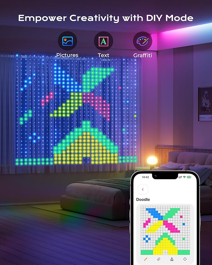 900 RGBIC LEDs Smart Curtain Lights with DIY GIF, 6.6x6.6ft Color Changing Christmas Wall Lightss with APP, IP65 Waterproof String Fairy Lightss for Indoor Outdoor Bedroom Window Garage