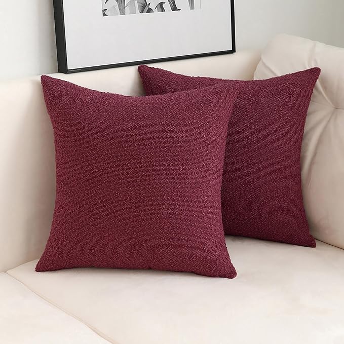 Jeneoo Burgundy Red Decorative Square Thick Throw Pillow Covers Fine Textured Boucle Couch Cushion Cases for Home Livingroom Sofa Decor, Set of 2, 20 x 20 Inch