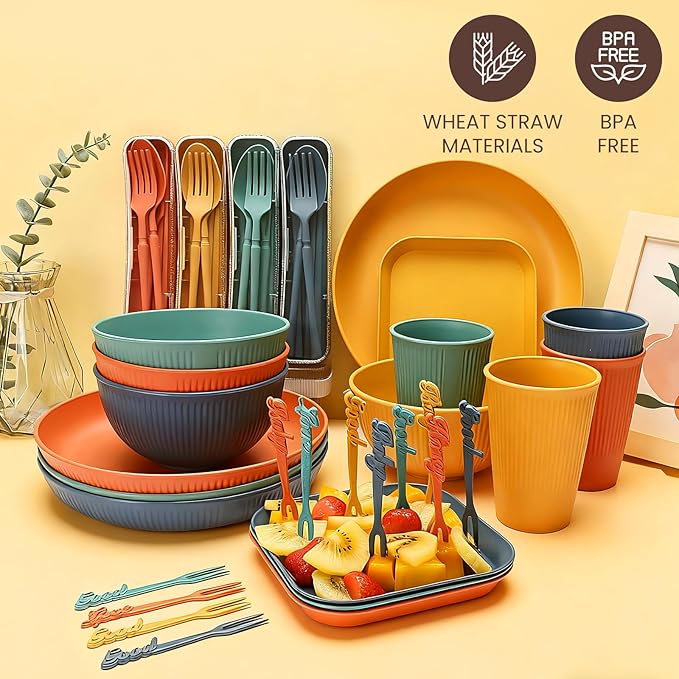 40-Piece Wheat Straw Dinnerware Set, Service for 4, Unbreakable Plates Bowls Cups Utensils with Fruit Forks, Dishwasher & Microwave Safe, Apartment Essentials & Outdoor Camping