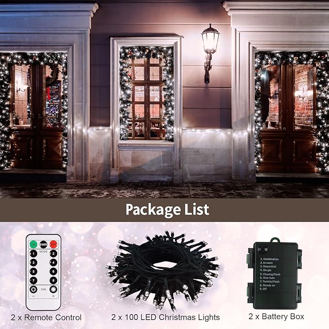 echosari [2 Pack Battery Operated Christmas Lights 16ft Green Wire 50 LED Fairy String Light with Remote, Timer, 8 Modes, Dimmable for Indoor Outdoor Xmas Tree Wedding Party Decoration (Cool White)