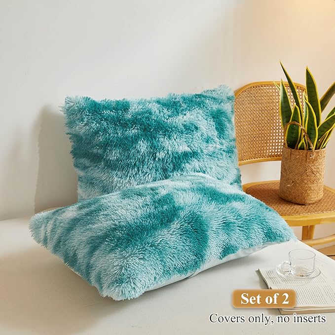 XeGe Tie Dye Faux Fur Fluffy Throw Pillow Cases, Plush Shaggy Soft Furry Pillowcases, 20x36 Velvet Fuzzy Decorative Pillow Covers for Bed Couch Zipper Closure, Set of 2(King, Tie Dye Teal Green)