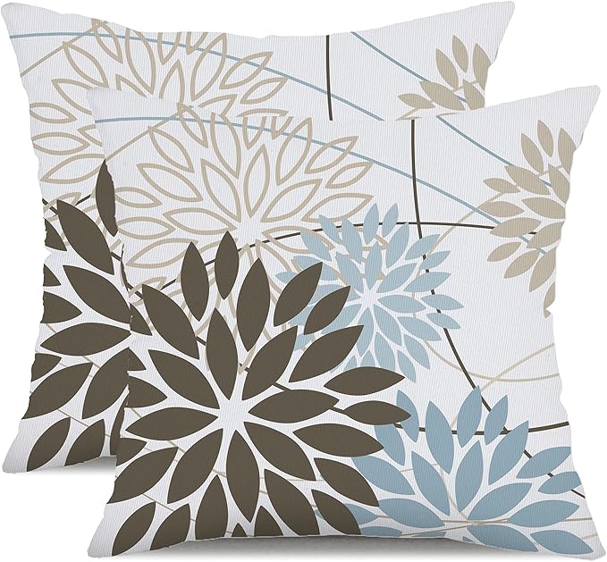 Brown Blue Flower Pillow Covers 16x16 Inch Set of 2 Summer Outdoor Waterproof Decor for Home Patio Funiture Garden Living Room Modern Art Floral Polyester Square Cushion Cover 01F16