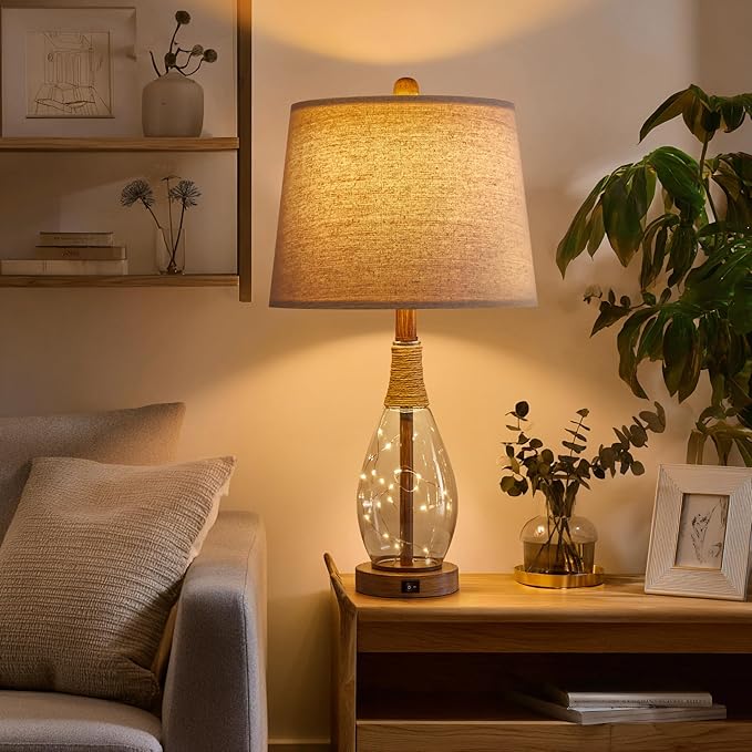 OYEARS Table Lamp Sets of 2,Lamps for Living Room,Bedside Lamps with USB A+C and Nightlight,Retro Farmhouse Rattan Glass,for Bedroom Living Room Bedroom,Two Light Points,23"