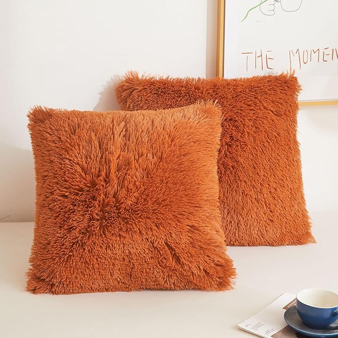 XeGe Faux Fur Throw Pillow Covers, Luxury Fluffy Plush Pillow Cases, Shaggy Decorative Pillow Shams Cushion Cover for Sofa Bed Couch Zipper Closure, Pack of 2 (18''x18'', Burnt Orange)