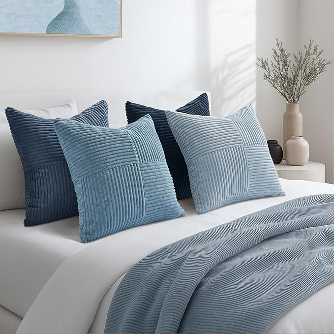 Topfinel NavyBlue Decorative Throw Pillow Covers,20x20 Pillow Covers Set of 4 with Striped Corduroy,Boho Soft Accent Cushion Covers for Couch,Bed,Living Room Home Decor