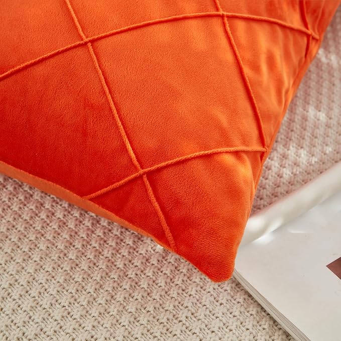 JAUXIO Diamond Pinch Pleated Crystal Velvet Pillowcases 2 Pack Solid Pintuck Throw Cushion Cover for Home Decor Hidden Zipper Closure (Bright Orange, Standard)