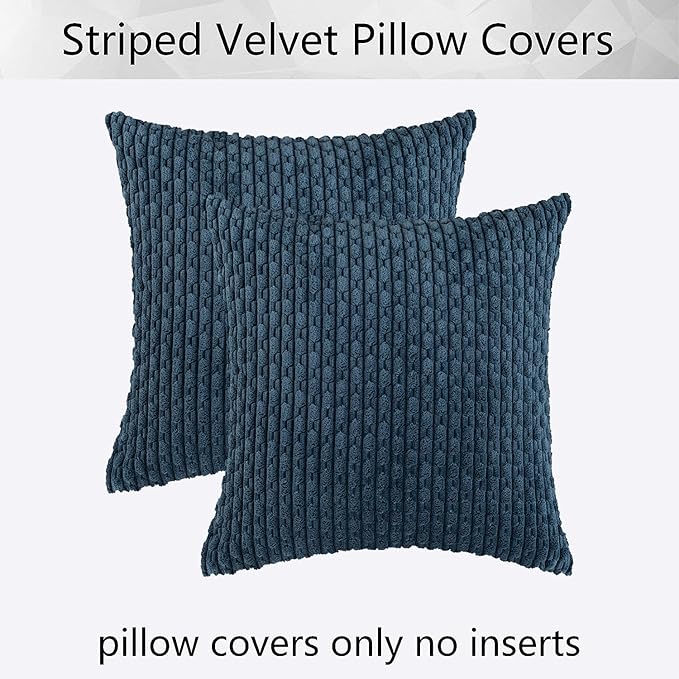 Kevin Textile 2 Packs Blue Decorative Throw Pillow Covers 20x20 Inch for Living Room Couch Bed Sofa Soft Striped Corduroy Square Cushion Case 50x50 cm Rustic Farmhouse Boho Home Decor